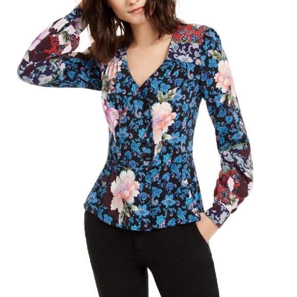 Nanette Lepore Printed Silk Peplum Top - Picture 1 of 8